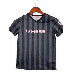 Messi Collection Boys Size 7 Soccer Shirt Black Gray Pink Striped NWT
